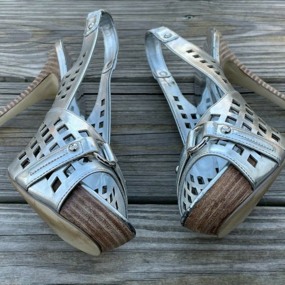 Guess Women Heel Shoes Silver Tone Leather Upper Open Toe Shoes Size 9M - Picture 3 of 12